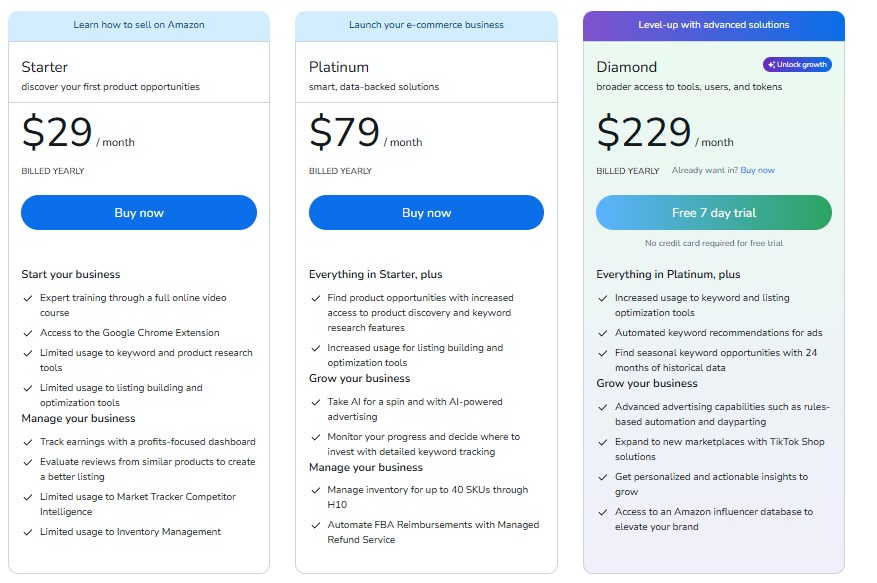 Helium 10 Pricing Plans