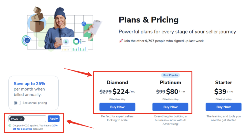 Enter Coupon on Helium 10 Pricing Page